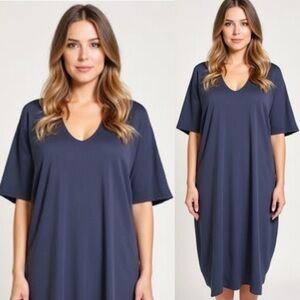 Barefoot Dreams Luxe Milk Jersey Flowy Caftan Midi Dress Blue Petite One Size